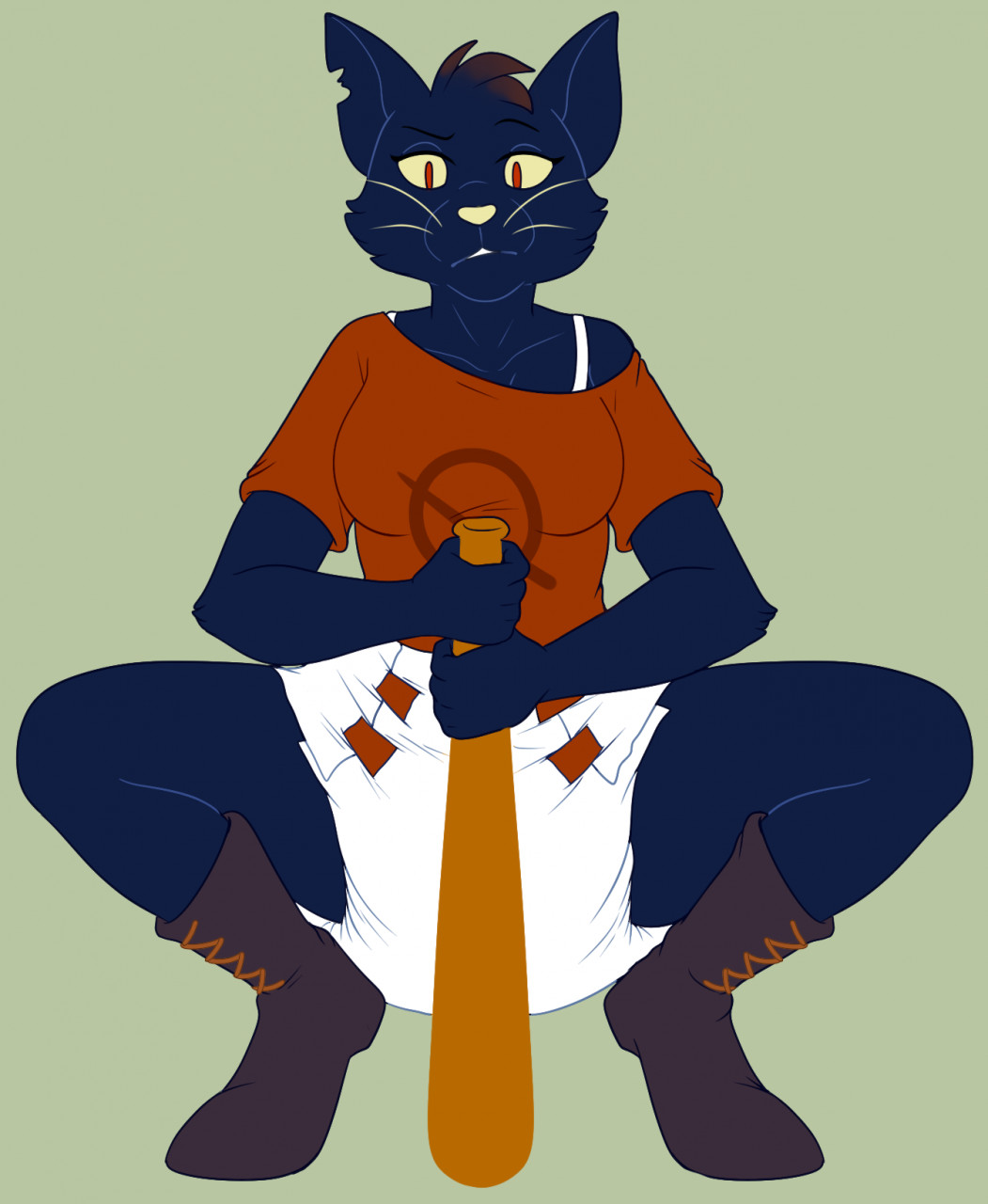 anthro baseball_bat bat_(object) blue_body blue_fur carnival-tricks clothed clothing crouching diaper domestic_cat exposed_diaper felid feline felis female footwear fur hi_res mae_borowski mammal night_in_the_woods no_pants red_eyes shirt shoes solo topwear video_games whiskers yellow_sclera