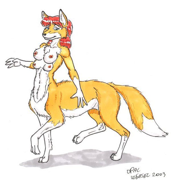 2003 4_breasts 4_nipples black_nose breasts canid canid_taur canine canine_taur chakona_space chest_tuft female fox fox_taur fur gloves_(marking) hair leg_markings looking_at_viewer lorene mammal mammal_taur markings multi_breast multi_nipple navel nipples nude opal_weasel red_hair simple_background socks_(marking) solo taur tuft white_background yellow_body yellow_fur