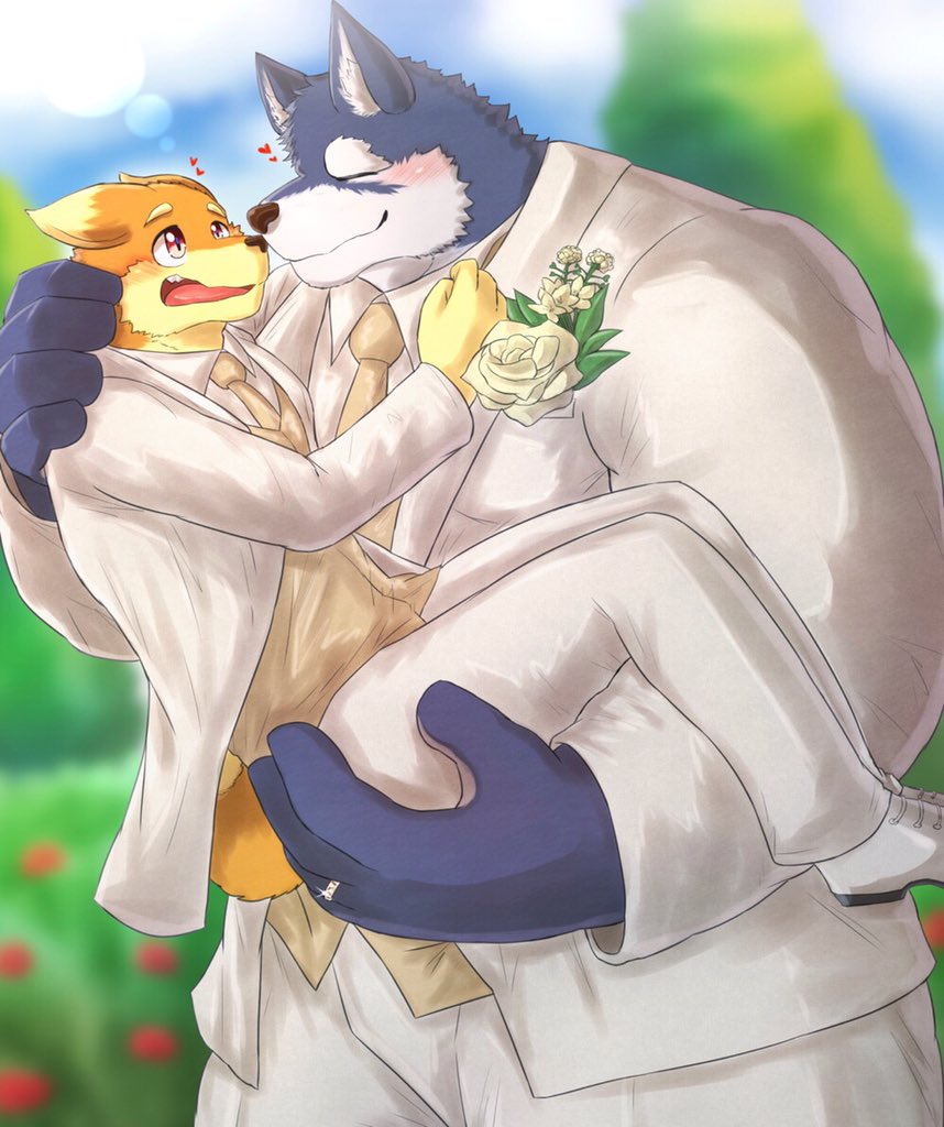 &lt;3 2019 anthro blue_body blue_ears blue_fur blurred_background bottomwear bridal_carry canid canine carrying carrying_partner clothed clothing duo ears_down flower footwear fully_clothed fur male male/male mammal necktie nullraihigi obese overweight pants pivoted_ears plant ring shoes size_difference wedding white_bottomwear white_clothing white_footwear white_pants white_shoes