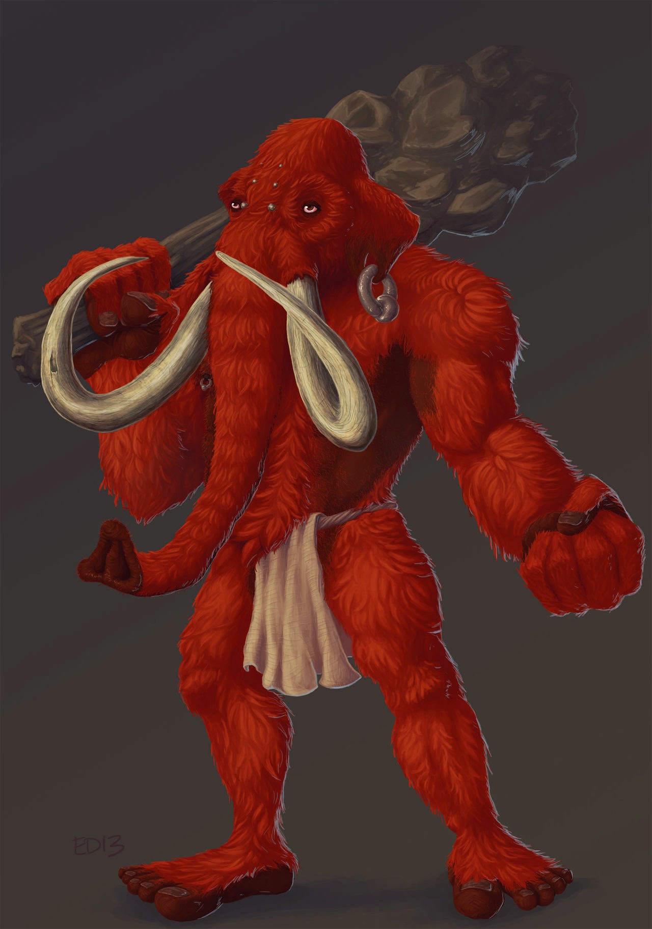 2013 anthro bottomwear clothing club_(weapon) ear_piercing ear_ring edmcd elephantid fur hi_res loincloth male mammal mammoth melee_weapon piercing proboscidean red_body red_fur solo tusks weapon