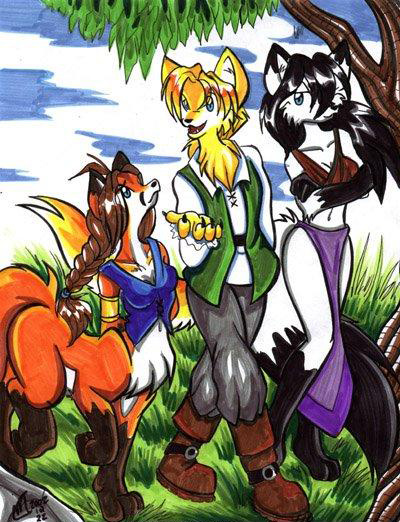 anthro black_hair black_nose blonde_hair boots breasts brown_hair canid canid_taur canine canine_taur canis chiratani cleavage clothed clothing dipstick_ears dipstick_tail ekiraith female footwear fox fox_taur fur group hair lamsain male mammal mammal_taur midriff multicolored_ears multicolored_tail navel open_mouth orange_body orange_fur outside plant sonitweek taur tree white_body white_fur wolf yellow_body yellow_fur