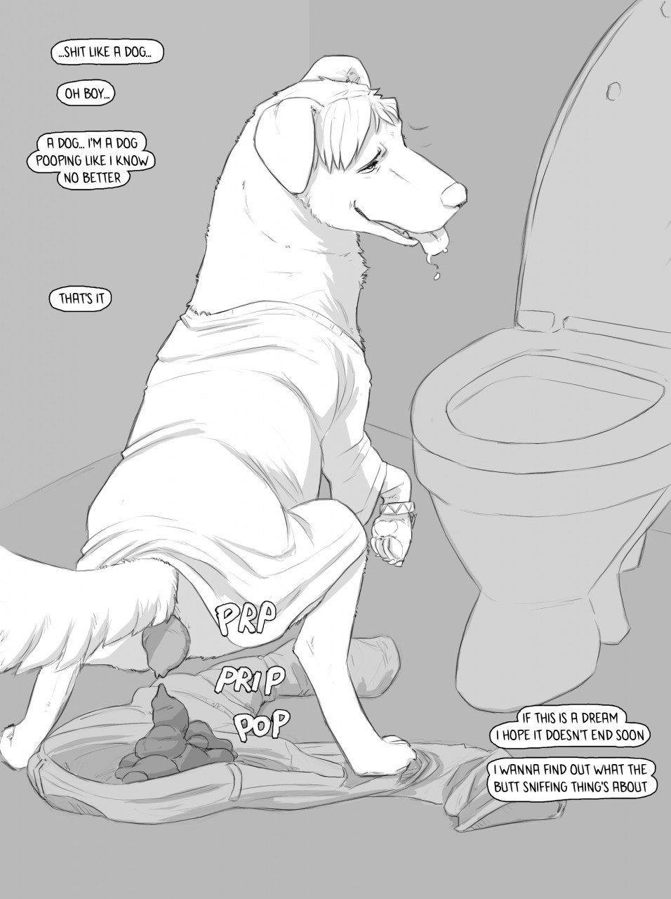 canid canine canis charm diolouge domestic_dog english_text fart feces feral hi_res jager-darklite male mammal monochrome pooping scat solo species_transformation text toilet transformation