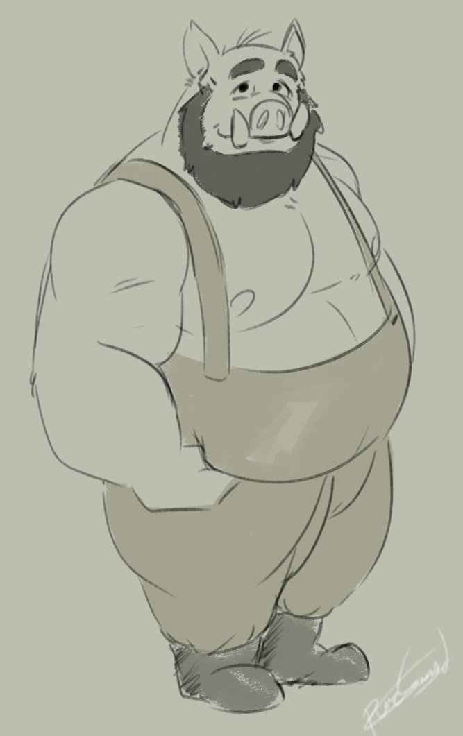 2021 anthro beard belly clothing facial_hair male mammal moobs nipples overalls overweight overweight_male pure_command simple_background solo suid suina sus_(pig) wild_boar