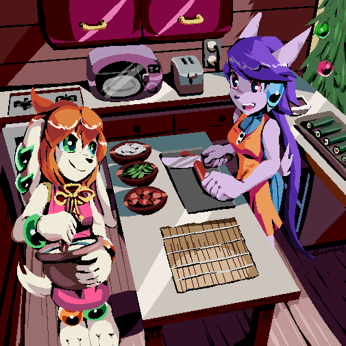 1:1 2018 3_toes anthro barefoot basset_hound black_nose breasts canid canine canis christmas christmas_tree clothed clothing domestic_dog dragon duo feet female food freedom_planet freedom_planet_2 fur goshaag hair holidays hunting_dog hybrid kitchen mammal milla_basset open_mouth orange_body orange_fur plant purple_body purple_hair sash_lilac scent_hound smile tan_body tan_fur toes tree video_games