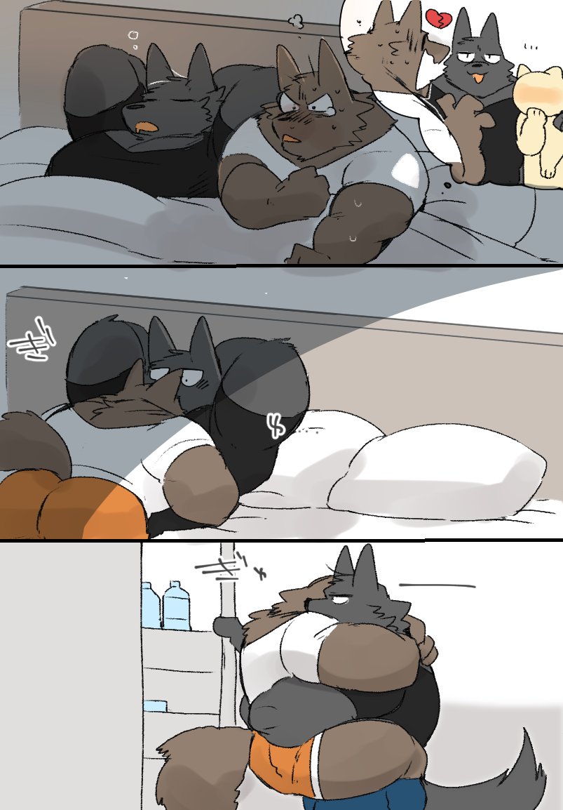 &lt;/3 anon anthro bed black_body black_clothing black_fur black_shirt black_topwear blush bodily_fluids brown_body brown_fur butt canid canine canis clinging clothed clothing comic fridge fur furniture group hug hyaku_(artist) infidelity inside male mammal multiple_scenes muscular muscular_anthro muscular_male onomatopoeia orange_clothing orange_underwear pillow romantic romantic_couple shirt shocked sleeping sound_effects tears text thought_bubble topwear underwear waking_up white_clothing white_shirt white_topwear wolf
