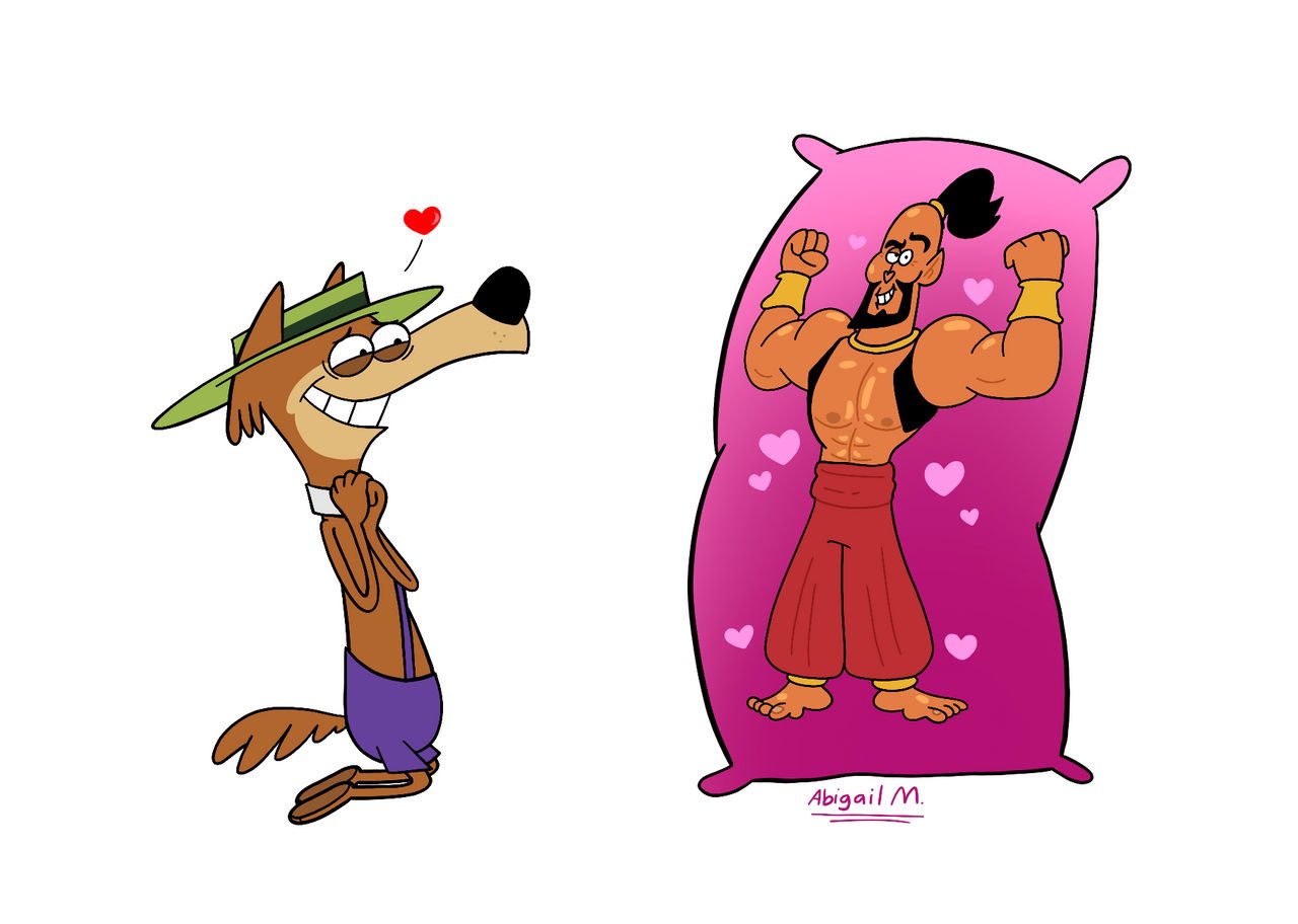 &lt;3 2021 anthro black_nose body_pillow bottomwear brown_body canid canine canis cartuneslover23 clothing duo genie hanna-barbera it's_the_wolf jellystone_(hbo_max) male male/male mammal mildew_wolf muscular muscular_male pants pillow shazzan shazzan_(character) wolf