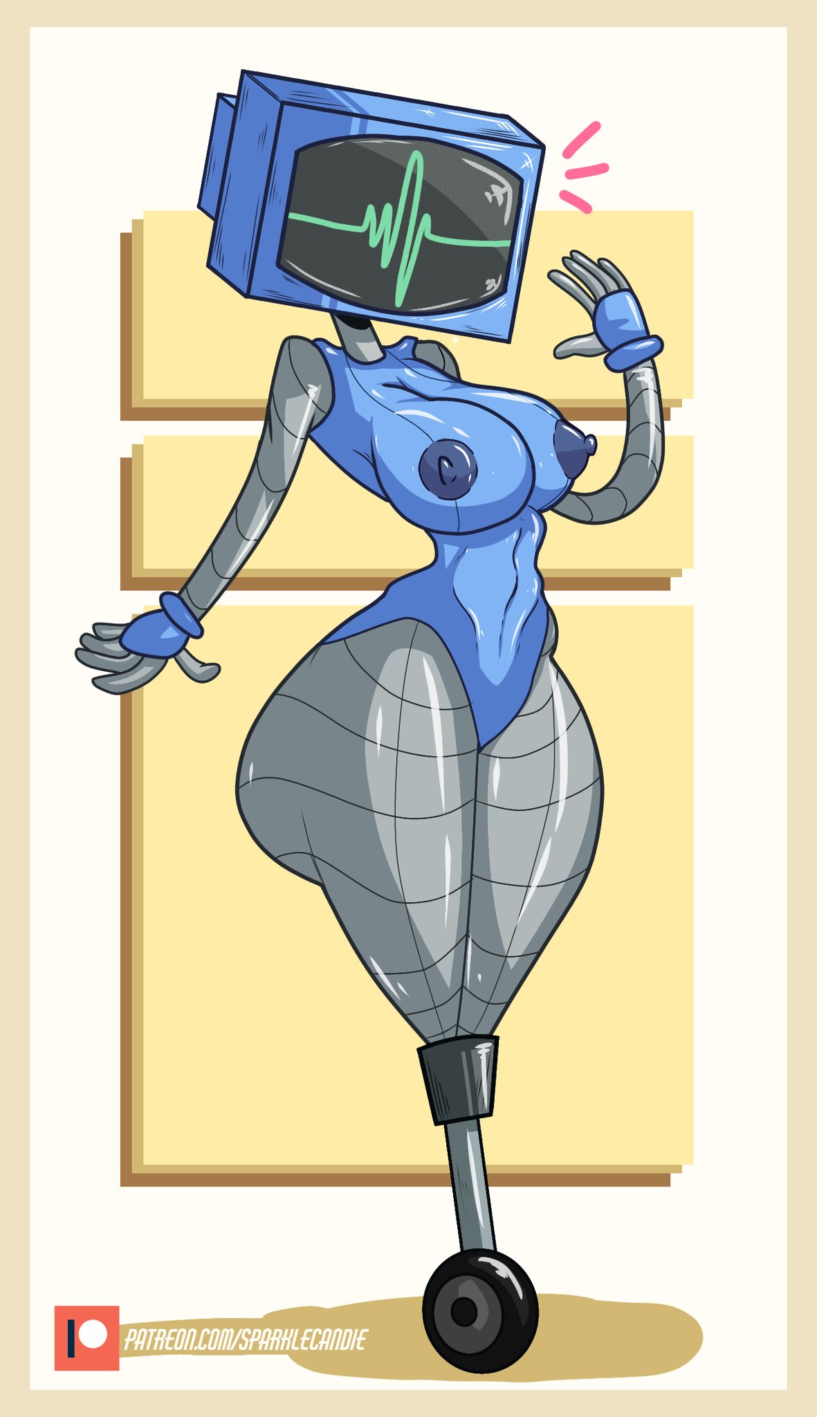 border breasts clothing female for_a_head hi_res karen_plankton legwear machine nickelodeon nipples not_furry object_head robot screen screen_face screen_head solo sparklecandie spongebob_squarepants thigh_highs wide_hips yellow_border