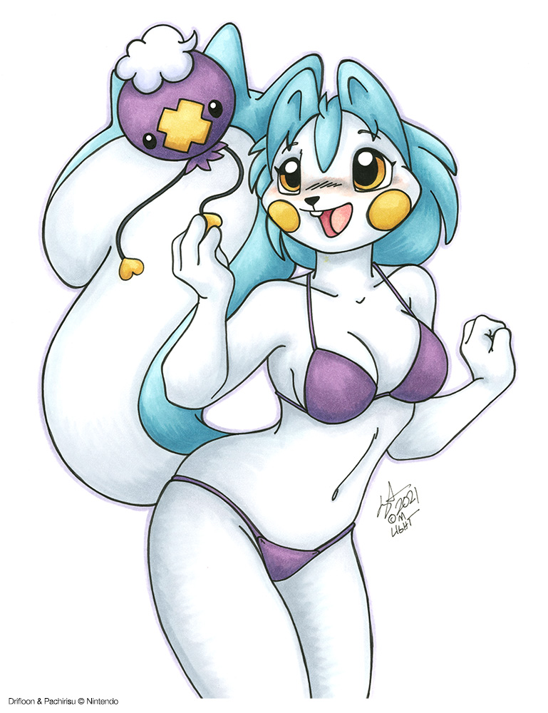 2021 ambiguous_gender anthro beady_eyes bikini black_eyes blue_body blue_fur blue_hair breasts clothing drifloon duo female feral fur hair michele_light nintendo open_mouth orange_eyes pachirisu pok&eacute;mon pok&eacute;mon_(species) purple_body simple_background swimwear text video_games white_background white_body white_fur yellow_body