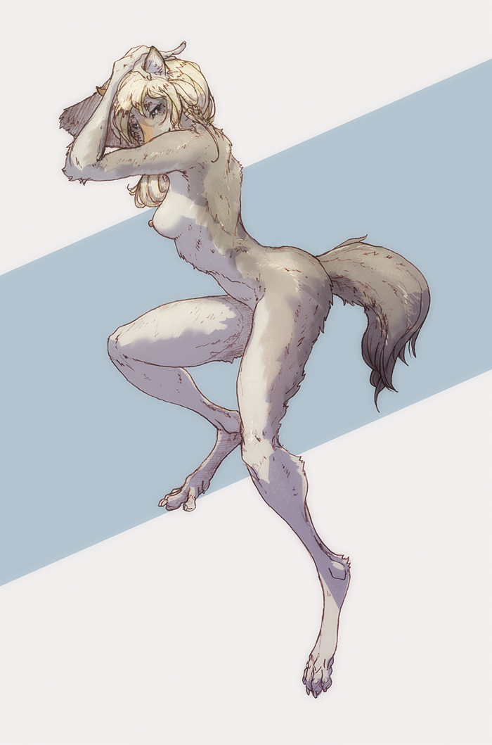 2021 4_toes anthro biped blonde_hair breasts canid canine canis countershade_fur countershade_legs countershade_torso countershading dewclaw digital_drawing_(artwork) digital_media_(artwork) digitigrade feet female fluffy fluffy_tail fur grey_body grey_fur grey_nipples hair hand_on_head lethal_doors mammal medium_breasts nipples nude pose side_view simple_background slim solo toes white_body white_countershading wolf