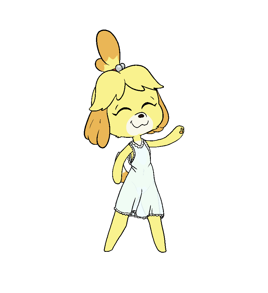 alpha_channel animal_crossing anthro canid canine canis clothing domestic_dog dress eyes_closed featureless_crotch female happy_harvey isabelle_(animal_crossing) mammal navel nintendo pawpads phone_drawing simple_background smile solo translucent translucent_clothing transparent_background tufted_fur video_games wave