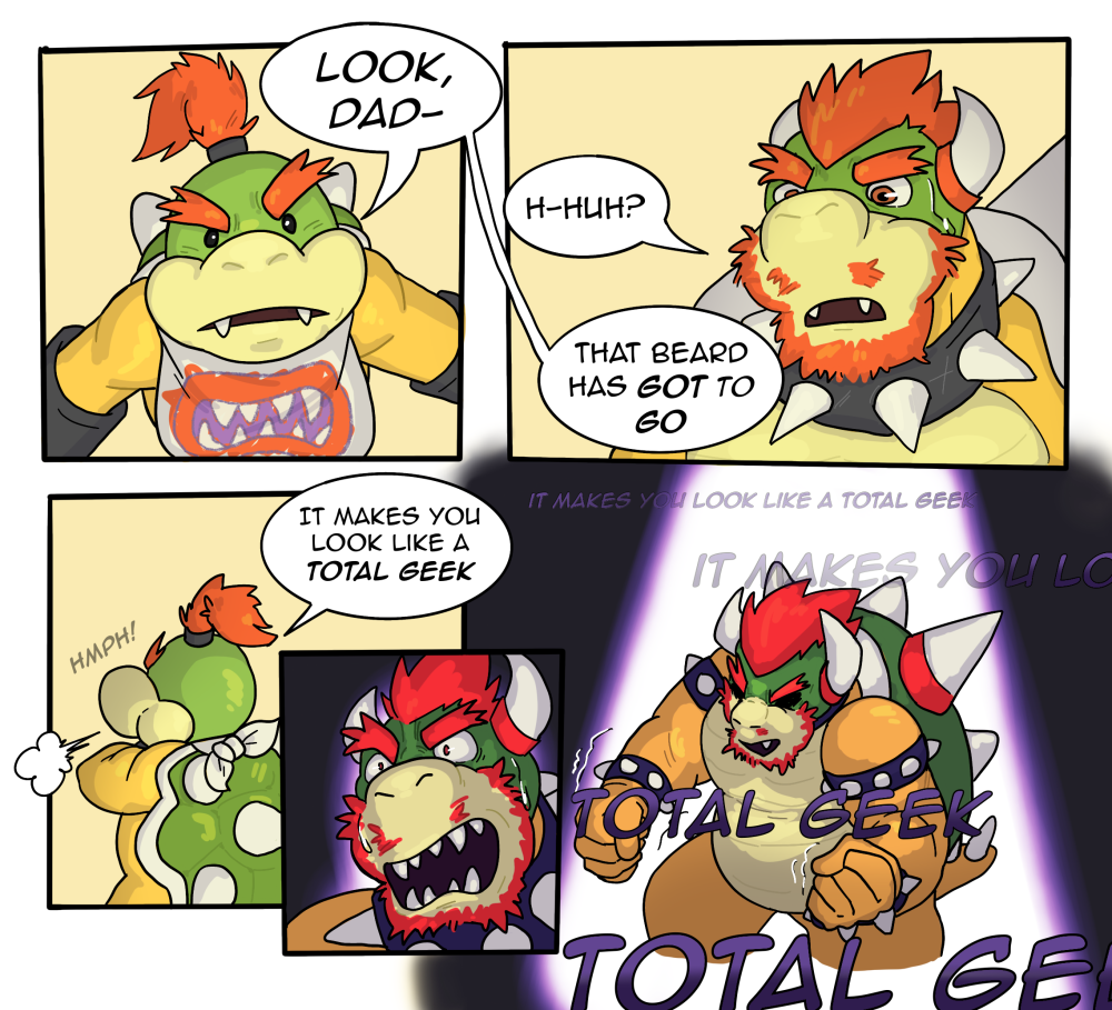 2021 anthro armband beard bodily_fluids bowser bowser_jr. bracelet breath child collar comic crossed_arms dama624 dialogue dot_eyes duo english_text eyebrows facial_hair father hair horn humor jewelry koopa looking_at_another male mario_bros neckerchief nintendo open_mouth parent ponytail scalie shell son spiked_armband spiked_bracelet spiked_collar spiked_shell spikes spikes_(anatomy) spotlight standing sweat text video_games young