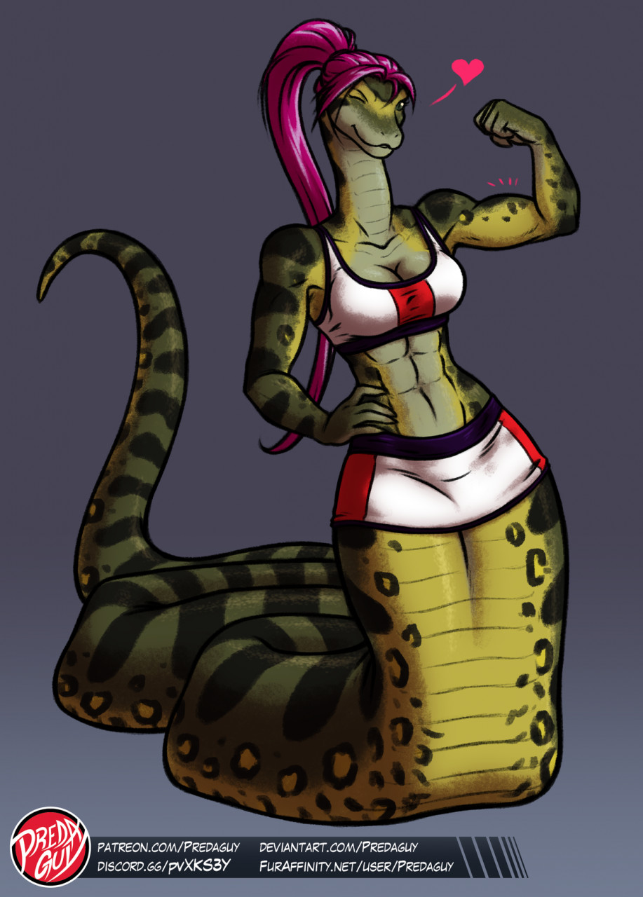 &lt;3 2020 abs anaconda apode athletic athletic_female bicep_curl biceps big_breasts boa_(snake) boinae bottomwear bra breasts clothed clothing countershade_arms countershade_neck countershade_scales countershade_tail countershade_torso countershading deltoids digital_drawing_(artwork) digital_media_(artwork) draconcopode emanata female flexing flexing_bicep front_view full-length_portrait fully_clothed green_body green_countershading green_scales grey_background hair hand_on_hip hi_res humanoid_hands legless logo long_hair long_neck looking_at_viewer naga non-mammal_breasts one_eye_closed pink_hair ponytail portrait pose predaguy reptile scales scalie serpentine simple_background skirt smile smiling_at_viewer snake solo sports_bra spots spotted_body spotted_scales striped_body striped_scales stripes text underwear url white_bottomwear white_bra white_clothing white_skirt white_underwear wink winking_at_viewer