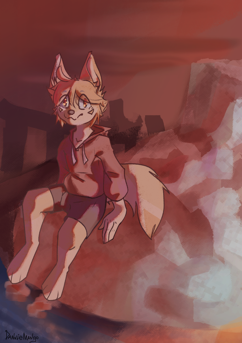 ancient anthro bottomwear canid canine clothing cute_face danniemango danniemango_(character) derp_eyes fox fur hair hoodie looking_at_viewer male mammal orange_hair paws red_sky reflection rock sky solo tan_body tan_fur topwear water