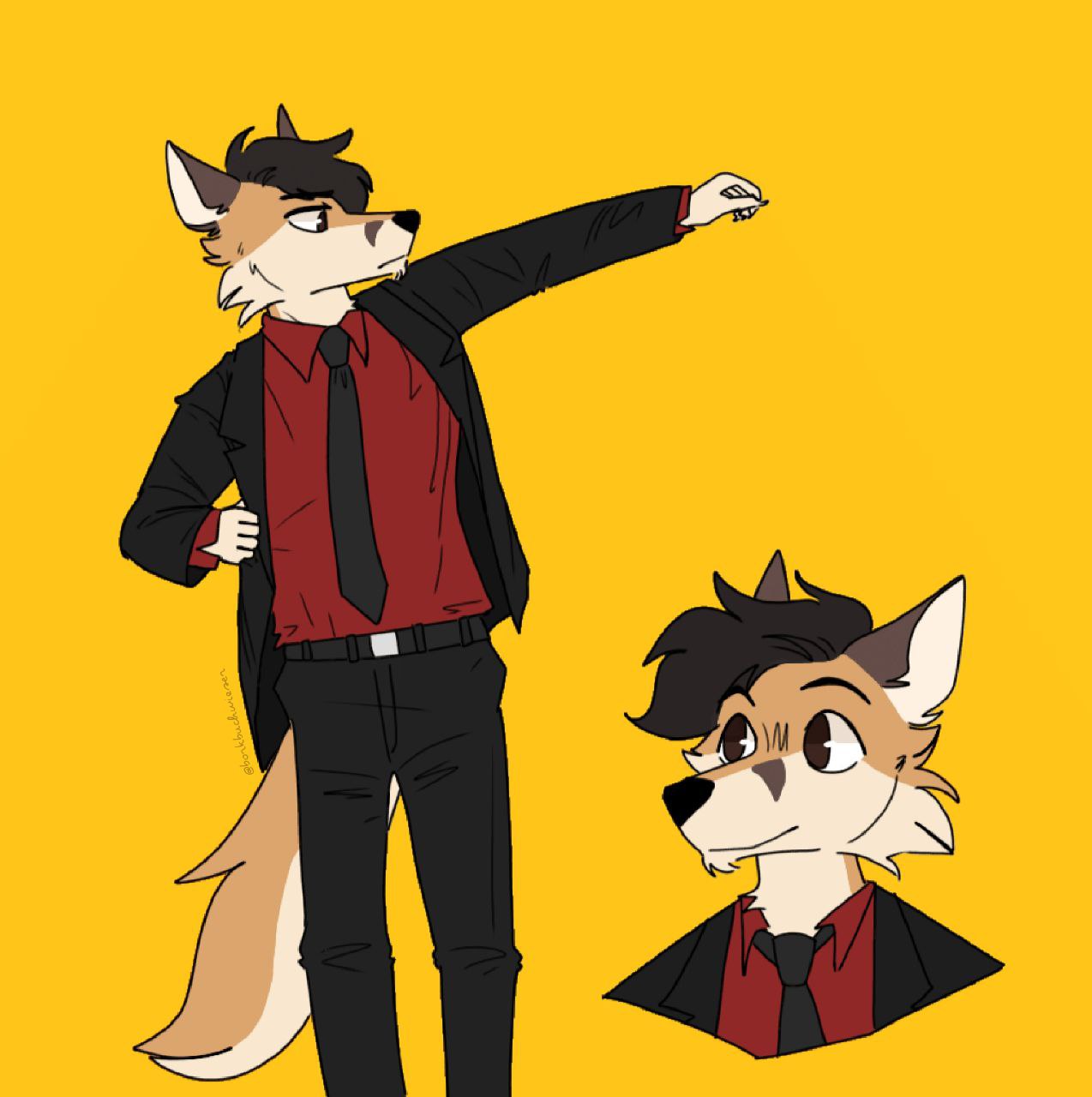 adjusting_clothing anthro bork_buchwieser canid canine canis clothing domestic_dog fox fur hi_res hybrid jaizzssbork male mammal necktie shiba_inu spitz suit tan_body tan_fur