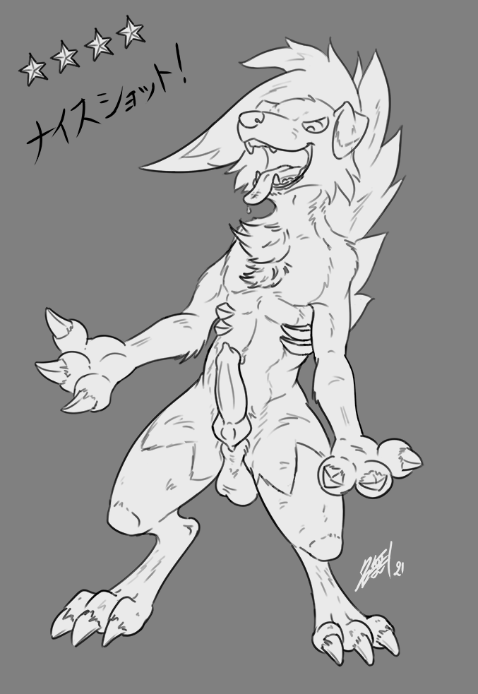 2021 3_fingers 3_toes animal_genitalia animal_penis anthro balls biped canid canine canine_penis cheek_tuft chest_tuft claws digitigrade erection facial_tuft fangs feet finger_claws fingers fur genitals grey_background greyscale japanese_text knot lycanroc male mammal midnight_lycanroc monochrome nanashi-arts nintendo open_mouth penis pok&eacute;mon pok&eacute;mon_(species) presenting presenting_penis semi-anthro sheath simple_background sketch solo text toe_claws toes tongue tongue_out tuft video_games