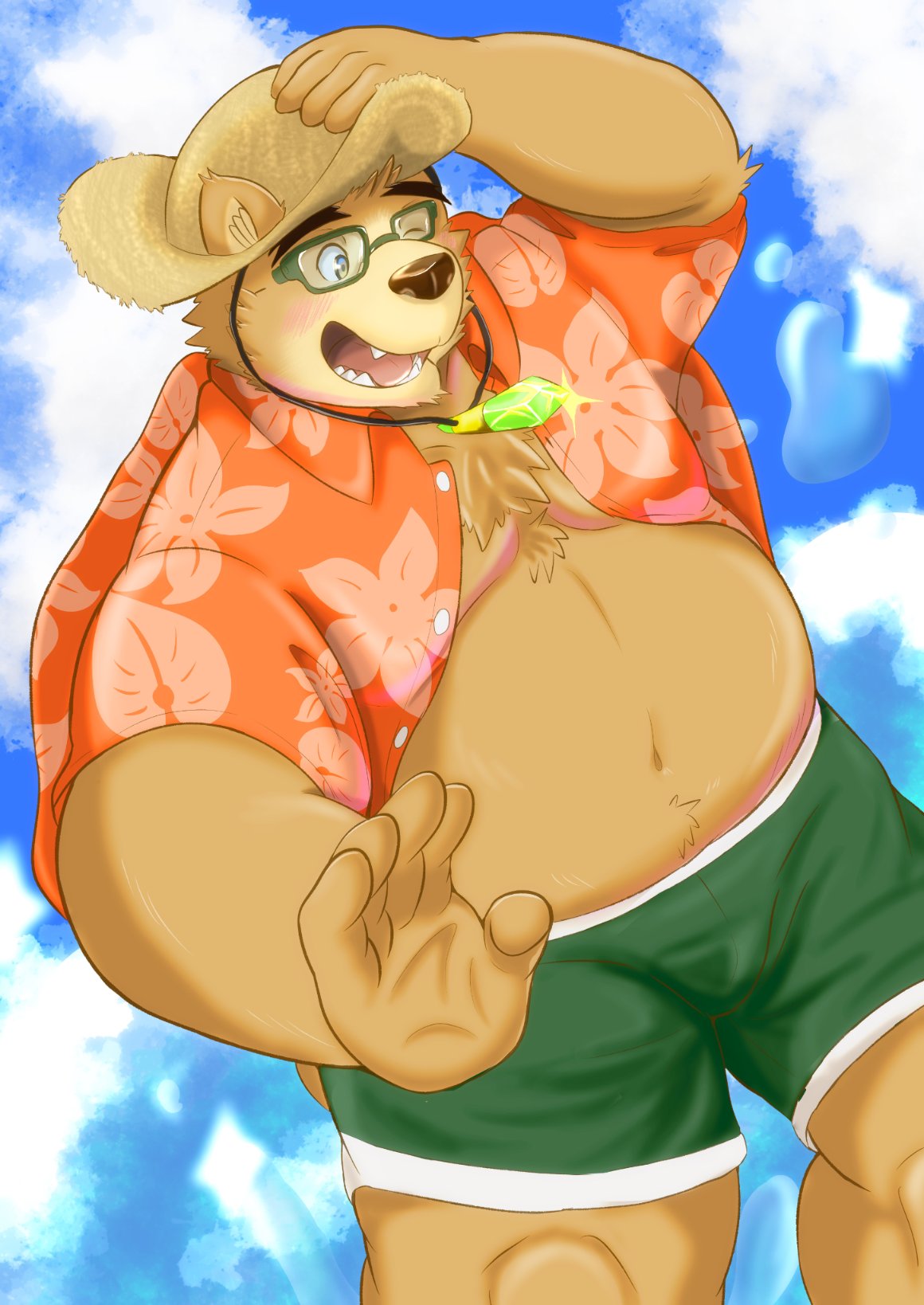 2021 anthro belly blush brown_body brown_fur clothed clothing eyewear fur glasses hat headgear headwear hi_res humanoid_hands kemono male mammal nazebesu_hobby open_clothing open_shirt open_topwear outside overweight overweight_male shirt solo straw_hat swimwear tokyo_afterschool_summoners topwear ursid video_games volos