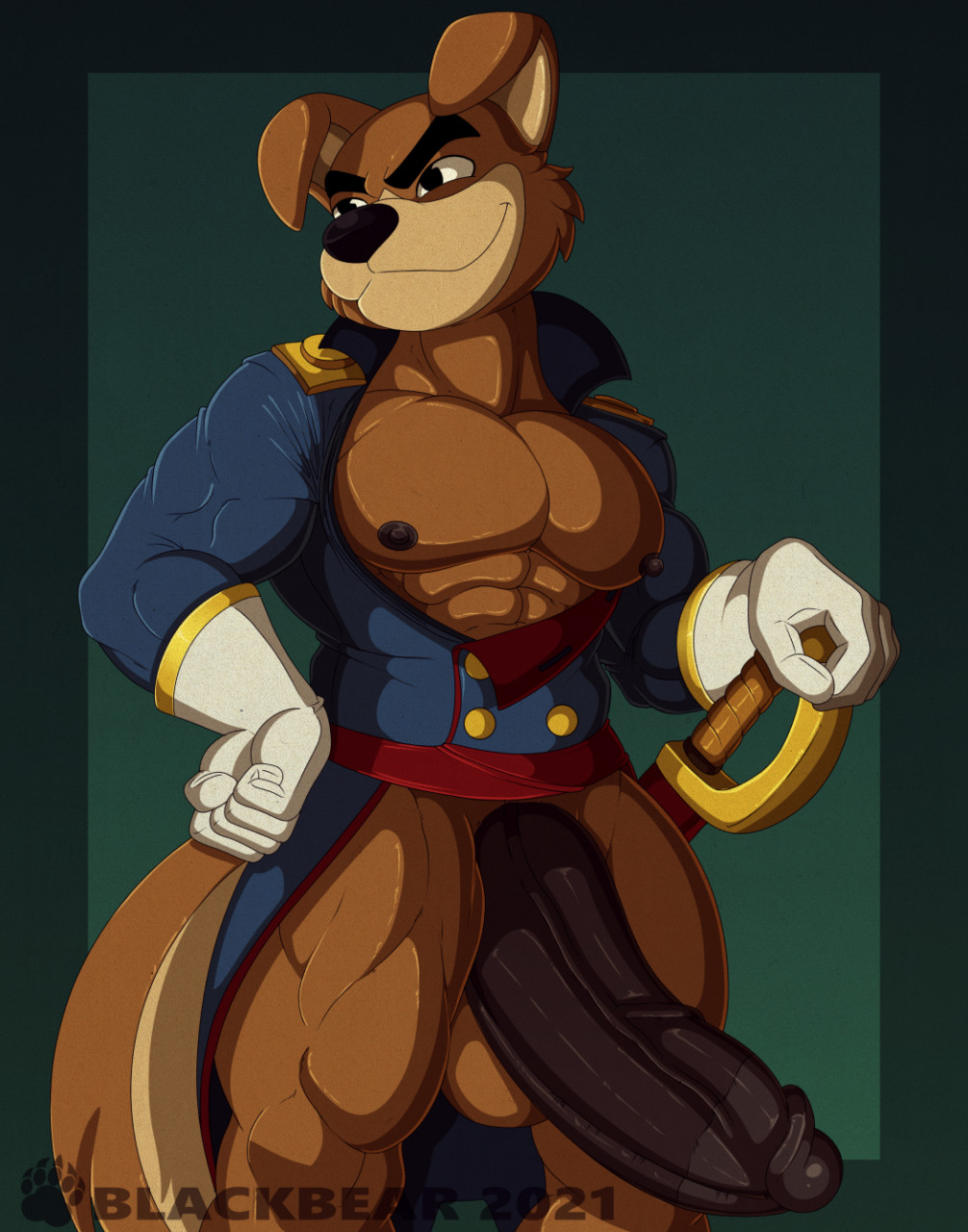 anthro balls bare_chest big_balls big_penis black_eyes blackbear bottomless canid canine canis clothed clothing disney don_karnage ducktales ducktales_(2017) erection floppy_ears genitals gloves handwear hi_res huge_penis humanoid_genitalia humanoid_penis male mammal penis solo talespin wolf