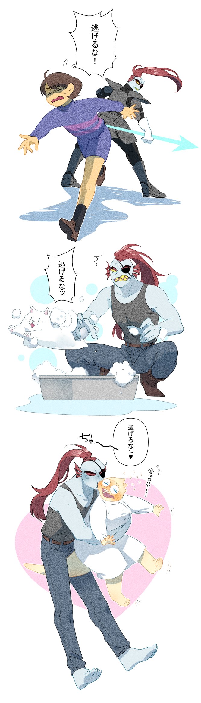 &lt;3 ahoge alphys ambiguous_gender annoying_dog_(undertale) anthro anthro_on_anthro armor barefoot bath beady_eyes belt big_breasts blue_body blue_scales bodily_fluids boots bottomwear breasts brown_hair buckteeth canid canine canis clothed clothing coat crouching denim denim_clothing dialogue domestic_dog duo eye_patch eyes_closed eyewear feet female female/female fin fish flustered flying_sweatdrops footwear frown fully_clothed fur glasses grabbing_from_behind hair head_fin hi_res holding_melee_weapon holding_object holding_spear holding_weapon human japanese_text jeans jumping kissing_cheek kotatsu_fanart lab_coat lifting_another lifting_partner lizard mammal marine melee_weapon multiple_images non-mammal_breasts open_frown open_mouth open_smile pants polearm ponytail protagonist_(undertale) puddle reptile romantic romantic_couple running running_away scales scalie sharp_teeth shirt shoes shorts simple_background smile soap socks spear speech_bubble standing sweat sweatdrop tan_body tan_skin tank_top teeth text thick_tail topwear undertale undyne video_games weapon white_body white_fur yelling yellow_body yellow_scales