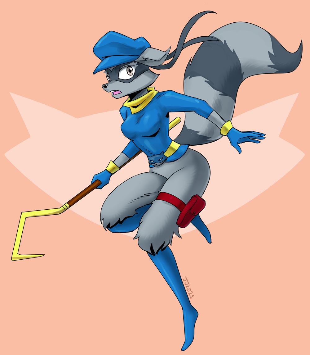 2021 anthro breasts brown_eyes clothing crossgender eyelashes female fur grey_body grey_fur hat headgear headwear holding_object john_joseco looking_at_viewer mammal mtf_crossgender open_mouth procyonid raccoon ringtail sly_cooper sly_cooper_(series) solo sony_corporation sony_interactive_entertainment staff sucker_punch_productions video_games