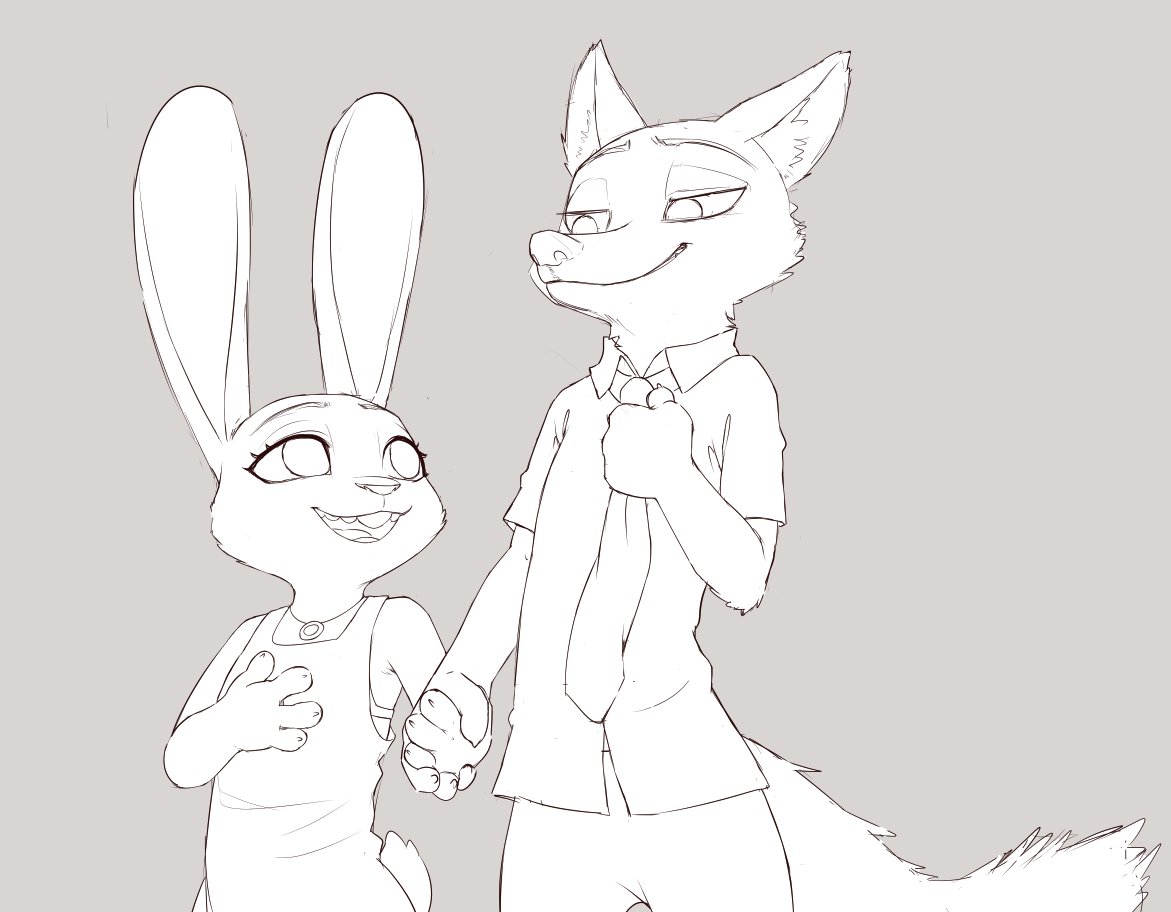 2021 anthro bottomwear canid canine clothed clothing disney duo female fox fully_clothed grey_background hand_holding jewelry judy_hopps kionbee lagomorph leporid looking_at_another male mammal monochrome necklace necktie nick_wilde open_mouth open_smile pants rabbit red_fox shirt simple_background smile topwear zootopia