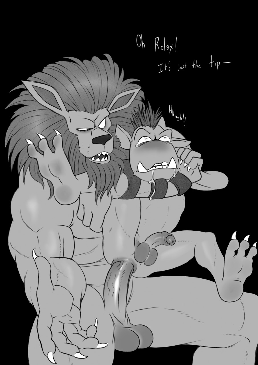 3_toes 5_fingers balls bandai_namco beard big_penis bodily_fluids digimon digimon_(species) drooling duo empty_eyes erection facial_hair feet fingers genitals goblimon hi_res humanoid_genitalia humanoid_penis leomon male male/male mane monochrome muscular penis rough_sex saliva sex size_difference tears tight_fit toes tush