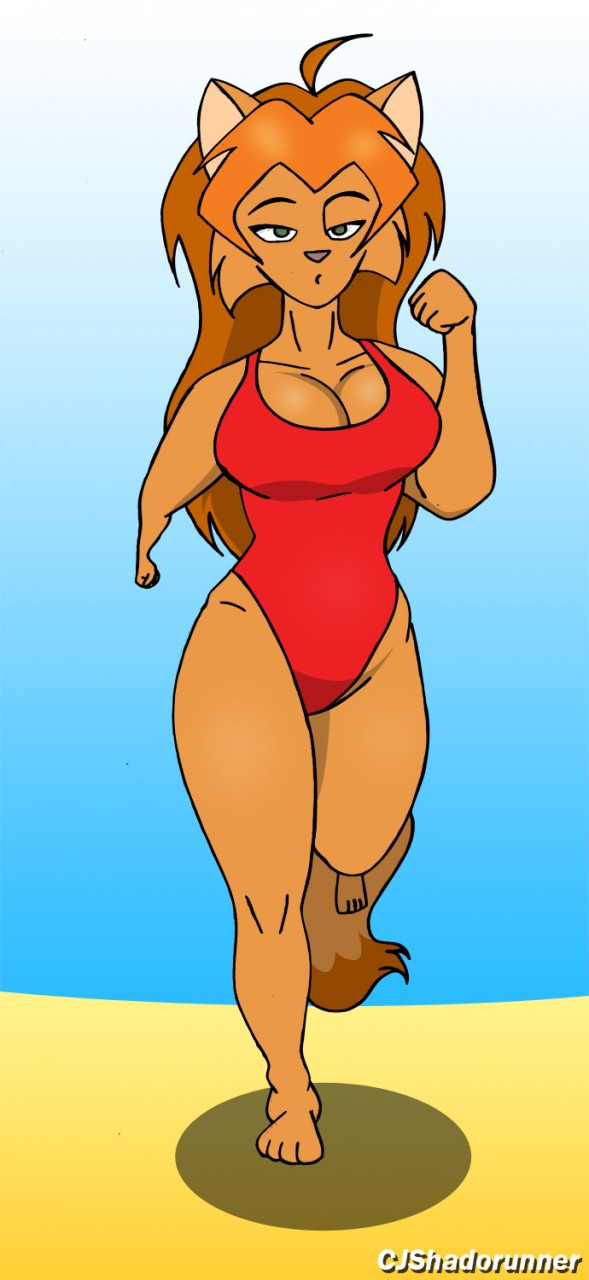 anthro breasts cjshadorunner cleavage clothed clothing daryl_vecat domestic_cat felid feline felis female hi_res mammal one-piece_swimsuit solo swimwear