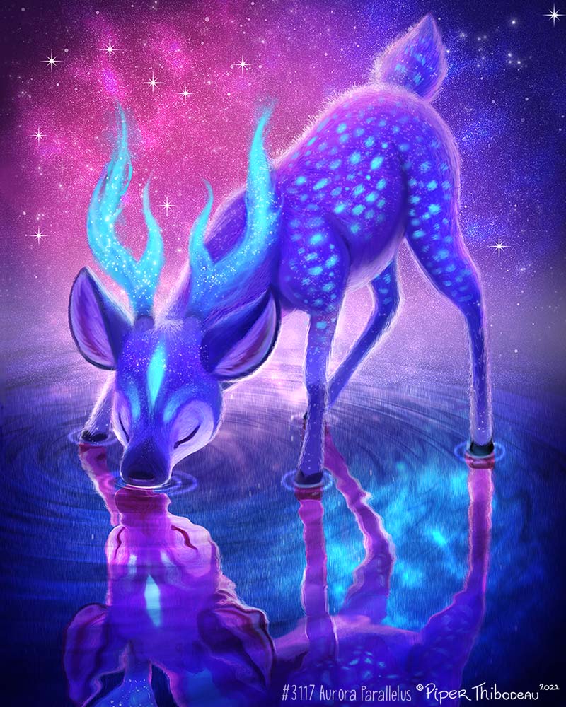 2021 4:5 antlers aurora_borealis blue_body blue_fur cervid cryptid-creations drinking eyes_closed feral fur glowing glowing_antlers glowing_body glowing_fur horn male mammal night purple_body purple_fur sky solo star starry_sky text water