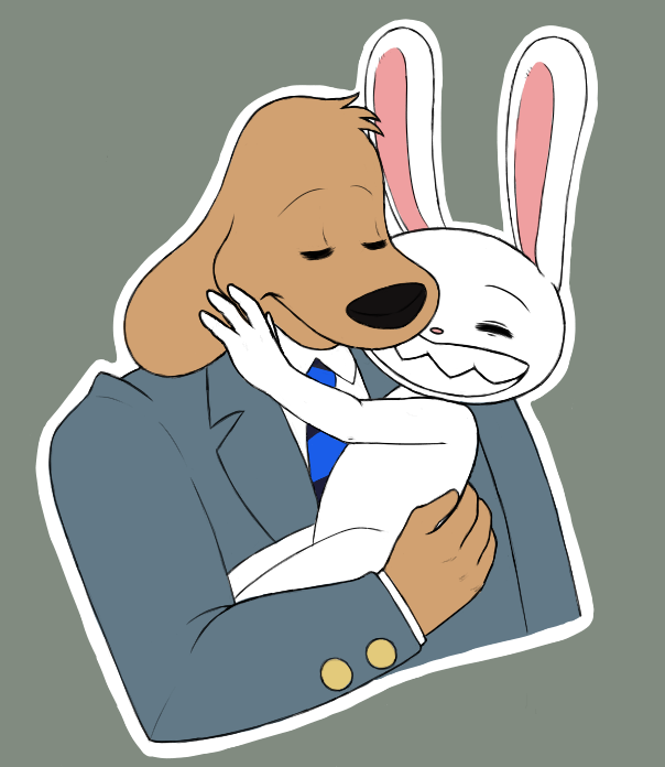 adhesivesocks anthro brown_body brown_fur canid canine canis carrying carrying_partner clothing domestic_dog duo embrace embracing embracing_another eyes_closed fur lagomorph leporid love male male/male mammal max_(sam_and_max) outline rabbit sam_and_max samuel_dog simple_background size_difference smile suit teeth white_body white_fur white_outline