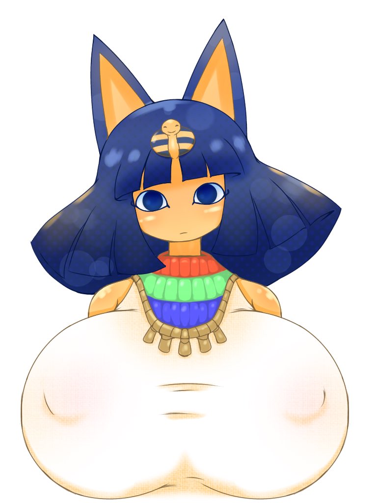3:4 :| animal_crossing ankha_(animal_crossing) anthro big_breasts breasts bust_portrait clothed clothing domestic_cat egyptian_clothing felid feline felis female huge_breasts hyper hyper_breasts looking_at_viewer mammal nintendo nipple_outline omenyanozero portrait simple_background solo video_games white_background
