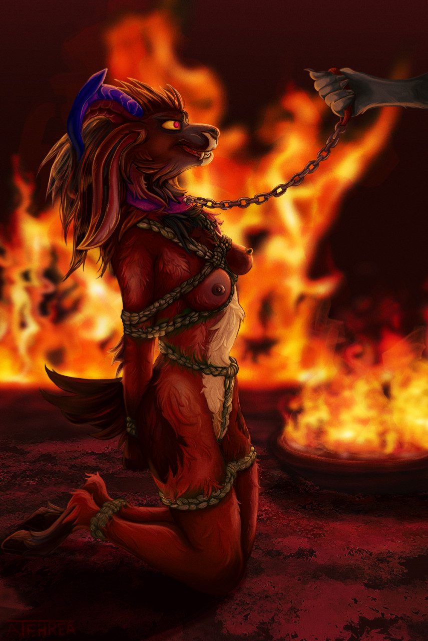 anthro atehrea bdsm bondage bondage_gear bound breasts canid canid_demon chain chained demon female fire genitals hell hellhound hi_res hooves horn leash mammal pussy rope rope_bondage rope_harness solo submissive submissive_female tied_breasts