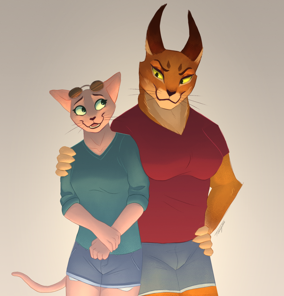 2021 5_fingers anthro big_floppa bingus bottomwear breasts caracal caracal_(genus) clothed clothing digital_media_(artwork) domestic_cat duo eyewear felid feline felis female fingers fully_clothed glasses green_eyes mammal smile standing tenynnart topwear yellow_eyes