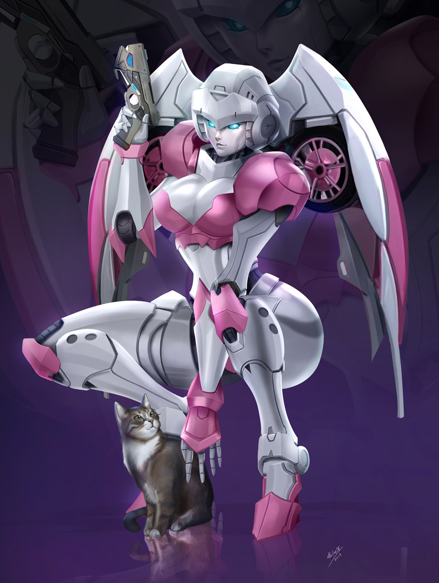 2019 5_fingers ambiguous_gender android arcee autobot big_breasts big_butt blowup_background blue_eyes breasts butt cleavage clothed clothing crouching curvaceous curvy_figure cybertronian domestic_cat ex-01_nicee felid feline felis felox08 female female_focus feral fingers gradient_background gun handgun hasbro hi_res holding_gun holding_object holding_weapon humanoid looking_at_viewer looking_up machine mammal multicolored_body petting pink_body pistol purple_background ranged_weapon reflection reflective_floor robot robot_humanoid robot_joints shadow signature simple_background smile solo_focus standing takara_tomy thick_thighs transformers voluptuous weapon white_body wide_hips