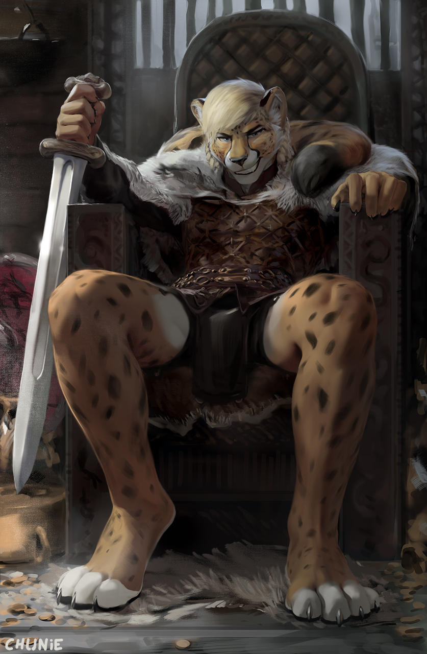 2021 4_toes 5_fingers anthro armor biped black_claws black_eyebrows black_nose black_spots blonde_hair blue_eyes bottomwear cheetah chunie claws clothing countershade_face countershade_feet countershade_fur countershade_legs countershading detailed_background digital_media_(artwork) digital_painting_(artwork) digitigrade eyebrows fangs feet felid feline finger_claws fingers full-length_portrait fur glistening glistening_claws glistening_nose hair hi_res holding_object holding_sword holding_weapon inner_ear_fluff inside loincloth looking_at_viewer male mammal melee_weapon orange_body orange_fur portrait shaded signature sitting smile smirgel soft_shading solo spots spotted_body spotted_ears spotted_fur spotted_legs spotted_tail spread_legs spreading sword tail_around_neck toe_claws toes tuft viking weapon white_body white_countershading white_fur white_inner_ear_fluff