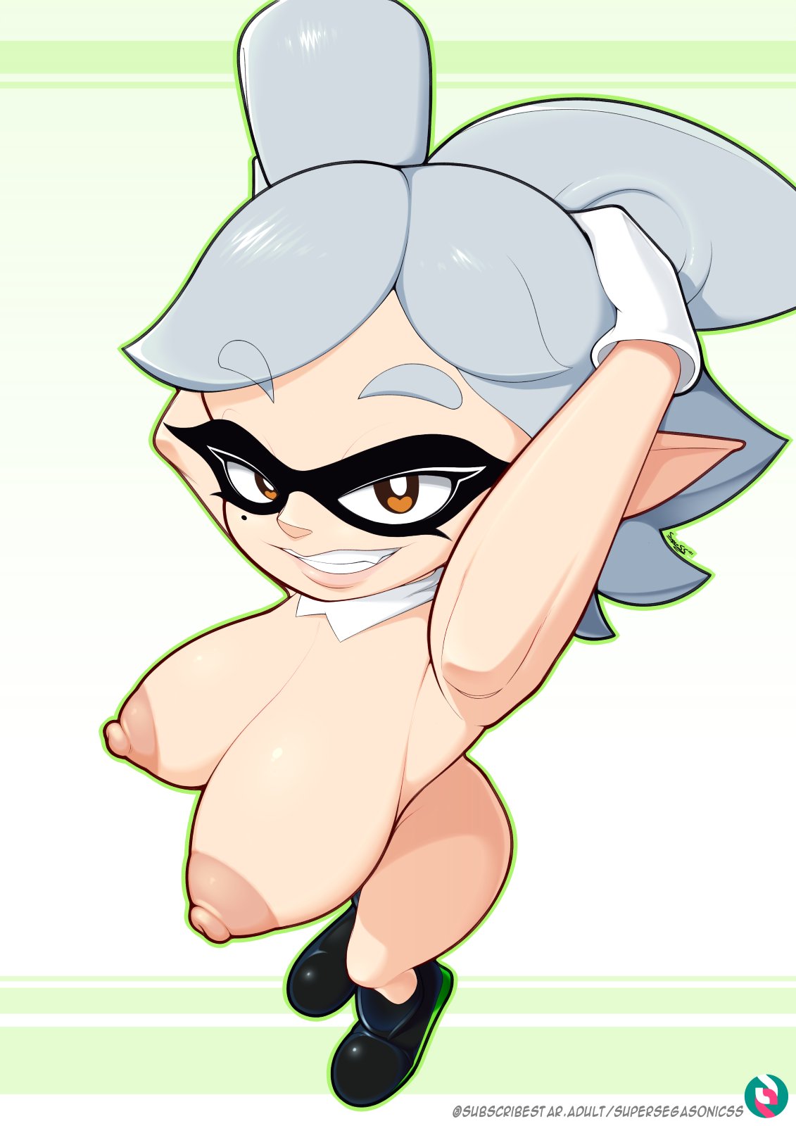 &lt;3 &lt;3_eyes animal_humanoid areola beauty_mark big_breasts black_clothing black_footwear breast_focus breasts cephalopod cephalopod_humanoid clothing domino_mask female footwear footwear_only grey_hair hair hands_behind_head hi_res huge_breasts humanoid humanoid_pointy_ears inkling marie_(splatoon) marine marine_humanoid mask mollusk mollusk_humanoid mostly_nude multicolored_clothing multicolored_footwear multicolored_shoes nintendo nipples pseudo_hair shoes shoes_only signature smile solo splatoon subscribestar supersegasonicss tentacle_hair tentacles top_heavy video_games