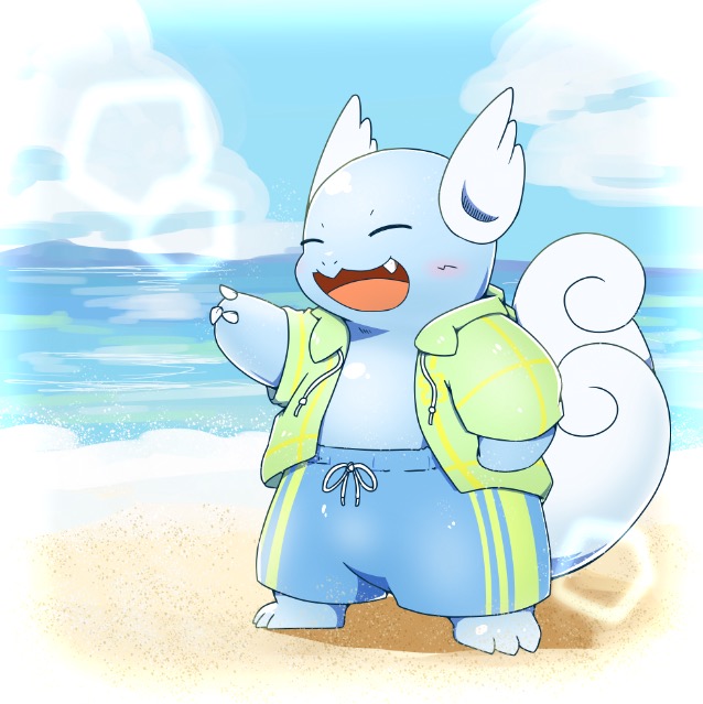 2018 3_toes ambiguous_gender barefoot beach clothing cloud day eyes_closed feet nintendo open_mouth open_smile outside pok&eacute;mon pok&eacute;mon_(species) sand seaside semi-anthro smile solo tatu_wani_(artist) toes video_games wartortle water