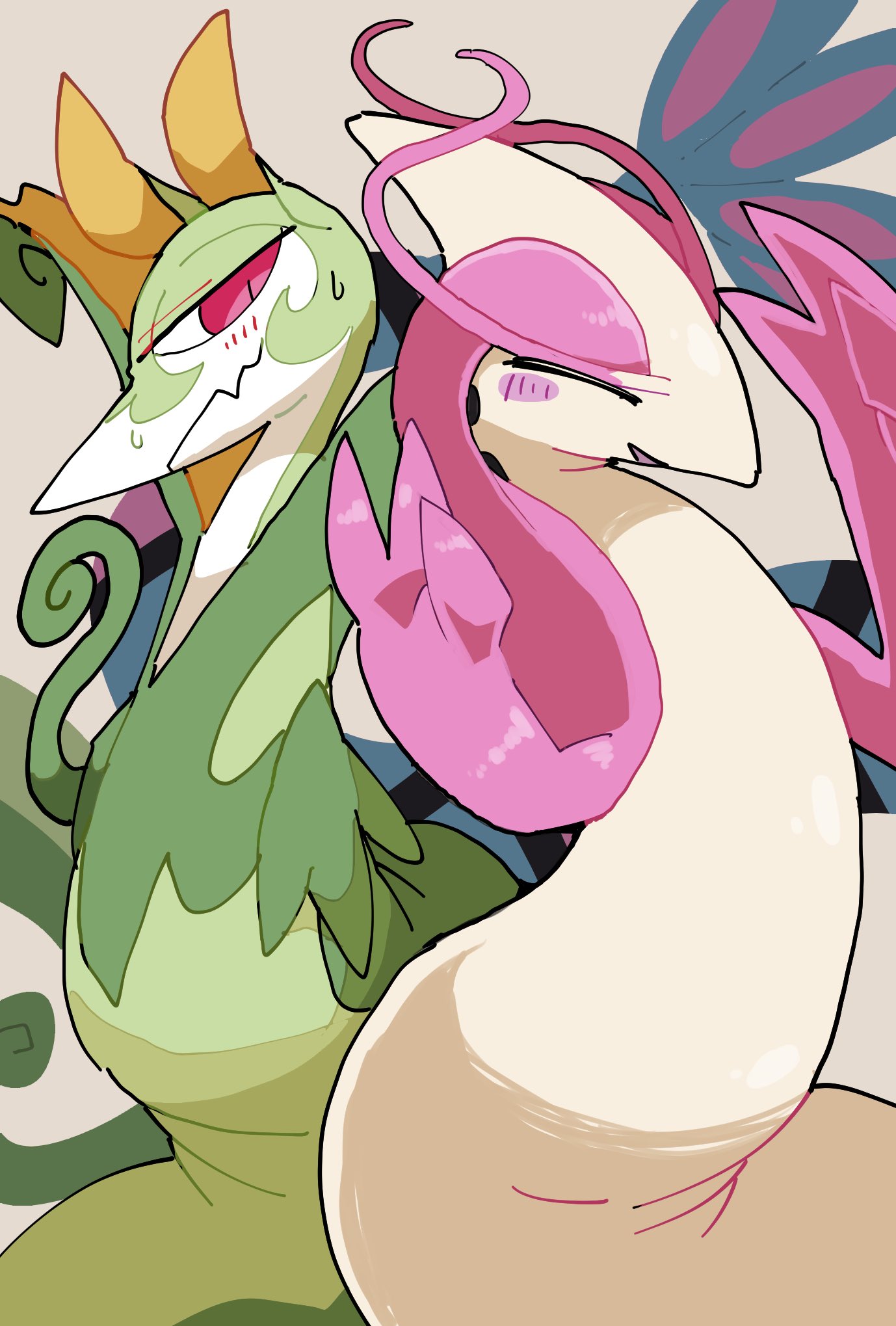 2021 ambiguous_gender blush bodily_fluids duo feral green_body green_scales hi_res milotic nintendo pok&eacute;mon pok&eacute;mon_(species) red_eyes reptile scales scalie serperior simple_background smile sweat video_games winte