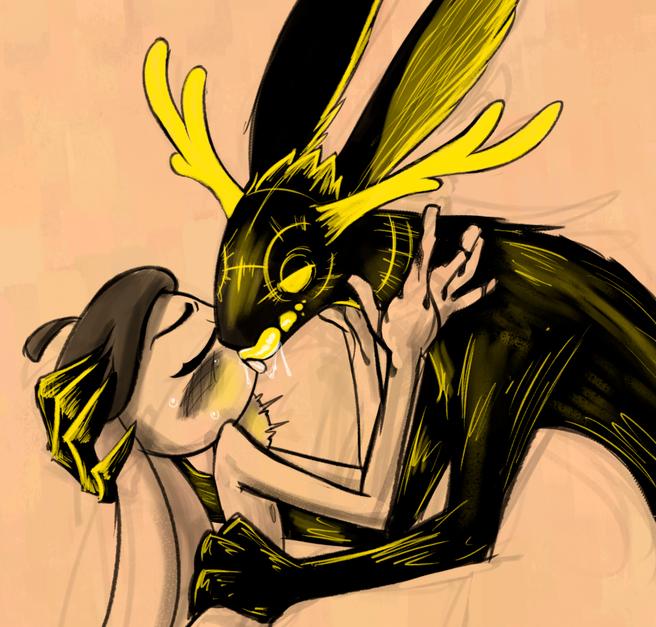 2021 anthro bedroom_eyes bodily_fluids clothing cthulhu_mythos deity drooling duo eldritch_horror extreme_french_kiss female feral french_kissing glowing glowing_eyes great_old_one_(h.p._lovecraft) h.p._lovecraft hastur_the_king_in_yellow_(h.p._lovecraft) hat headgear headwear kissing lagomorph leporid lerose lovecraftian_(genre) male male/female mammal monster narrowed_eyes neck_bulge nipples nude parsnip_(game) parsnip_bunner rabbit saliva seductive soulcentinel sweat tongue tongue_out