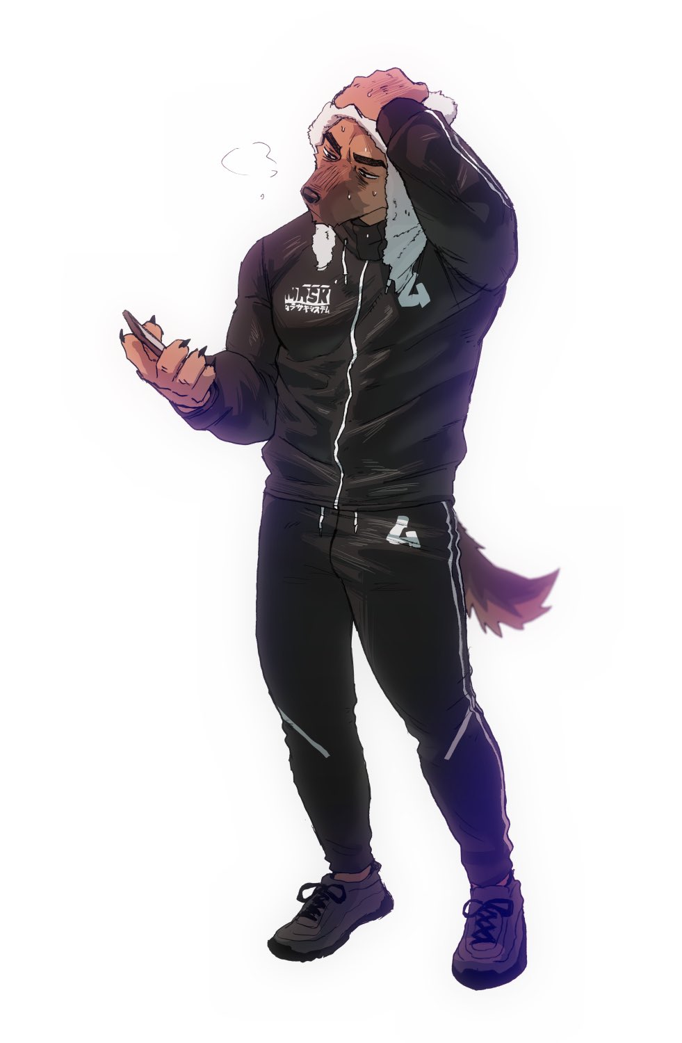 anthro black_clothing black_jacket black_sweatpants black_topwear bodily_fluids canid canine canis clothed clothing domestic_dog footwear fully_clothed german_shepherd handphone herding_dog hi_res jacket looking_at_object looking_at_phone male mammal nomifuki pastoral_dog shoes solo standing sweat topwear