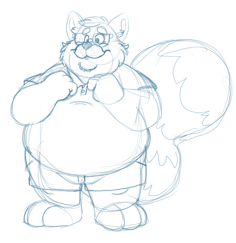 2021 ailurid anthro belly blue_and_white bottomwear bravo clothing eyewear glasses male mammal mature_male monochrome overweight overweight_male red_panda shirt shorts simple_background sketch solo topwear white_background