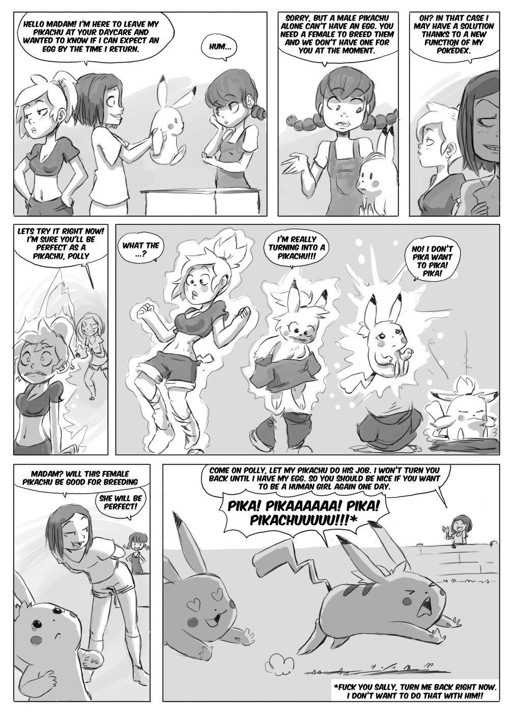 &lt;3 &lt;3_eyes chesshire comic dialogue english_text female feral forced forced_transformation hair hi_res human male mammal monochrome nintendo pikachu pok&eacute;mon pok&eacute;mon_(species) ponytail running species_transformation speech_bubble text transformation transformation_sequence twintails_(hairstyle) video_games