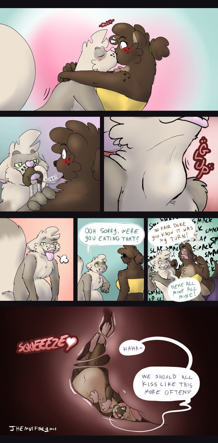 alternate_species anthro ashley_(themuffinly) bodily_fluids comic domestic_ferret duke_(pnspi) english_text female hi_res internal kissing letterbox male mammal mouse muffin_(themuffinly) murid murine mustela mustelid musteline rodent saliva slapping swallowing text themuffinly true_musteline violence vore