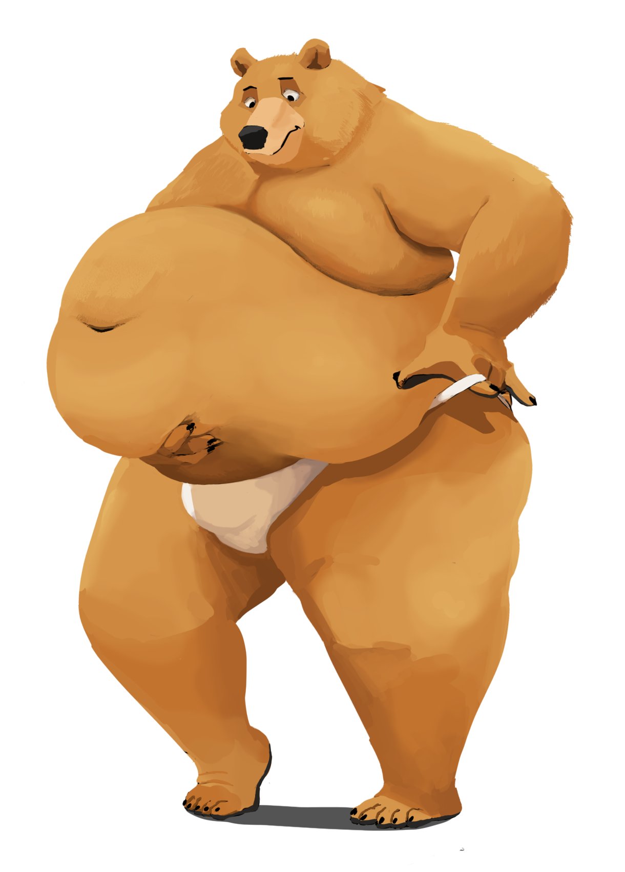 2021 anthro belly big_belly brown_body brown_fur bulge clothing feedtheboss fur hi_res humanoid_hands male mammal moobs obese obese_male overweight overweight_male simple_background solo underwear ursid white_background