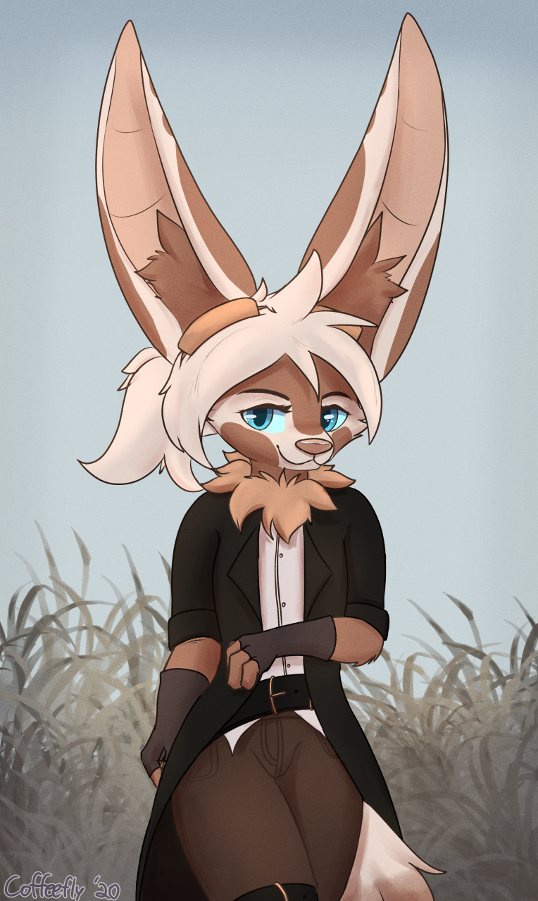 anthro belt blue_eyes bottomwear brown_body brown_fur canid canine clothed clothing coat coffeefly eyewear fennec fox fur gloves goggles grass handwear hi_res inner_ear_fluff mammal melody_(aseethe) pants plant shirt standing topwear trenchcoat tuft