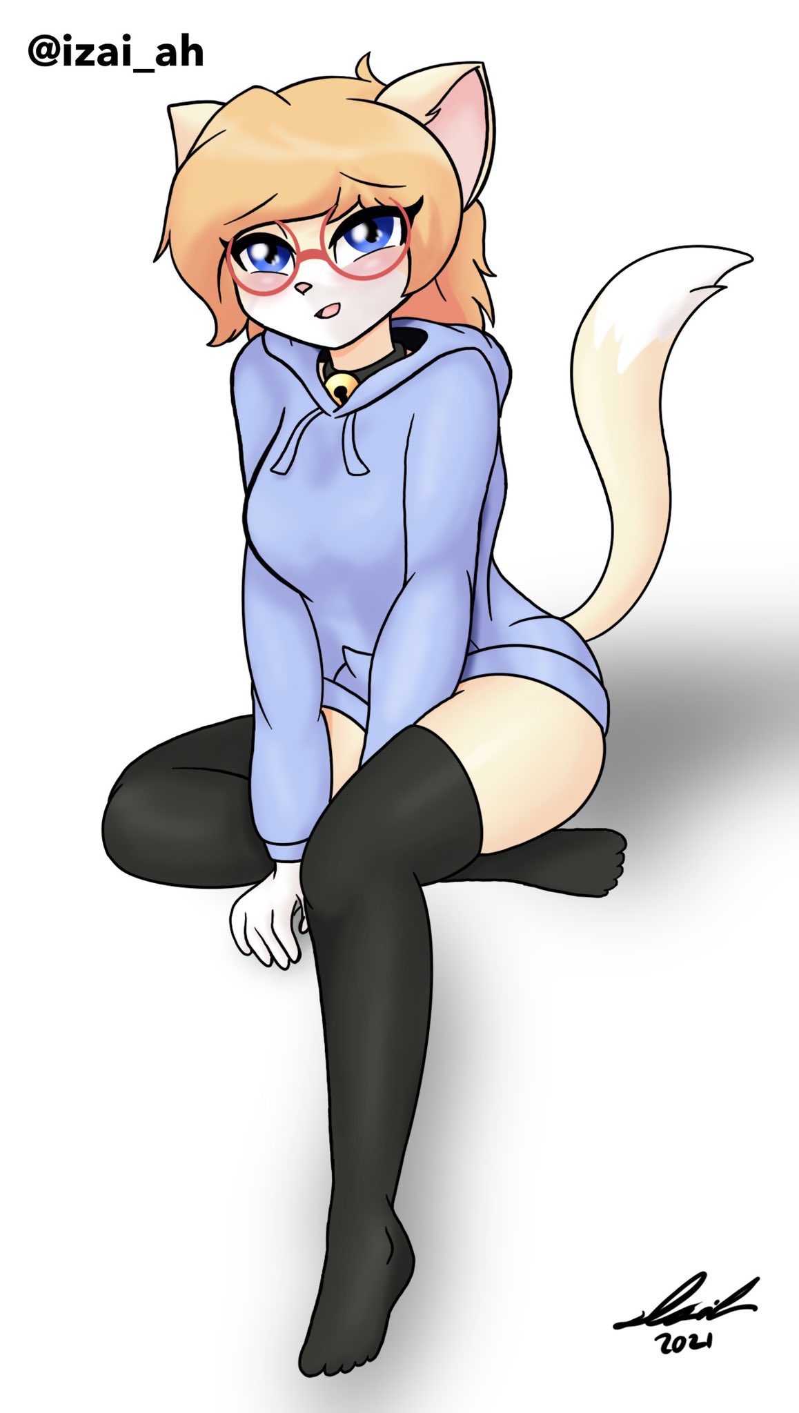 2021 amber_fur amber_hair anthro bell better_version_at_source black_clothing black_legwear blue_clothing blue_eyes blue_sweater blue_topwear blush bottomless breasts clothed clothing collar dipstick_tail eyewear felid feline female glasses hands_between_legs hi_res hoodie izaiah_(artist) legwear looking_at_viewer mammal medium_breasts multicolored_tail open_mouth queen_(alfa995) raised_tail shaded signature sitting soft_shading solo sweater thigh_highs topwear