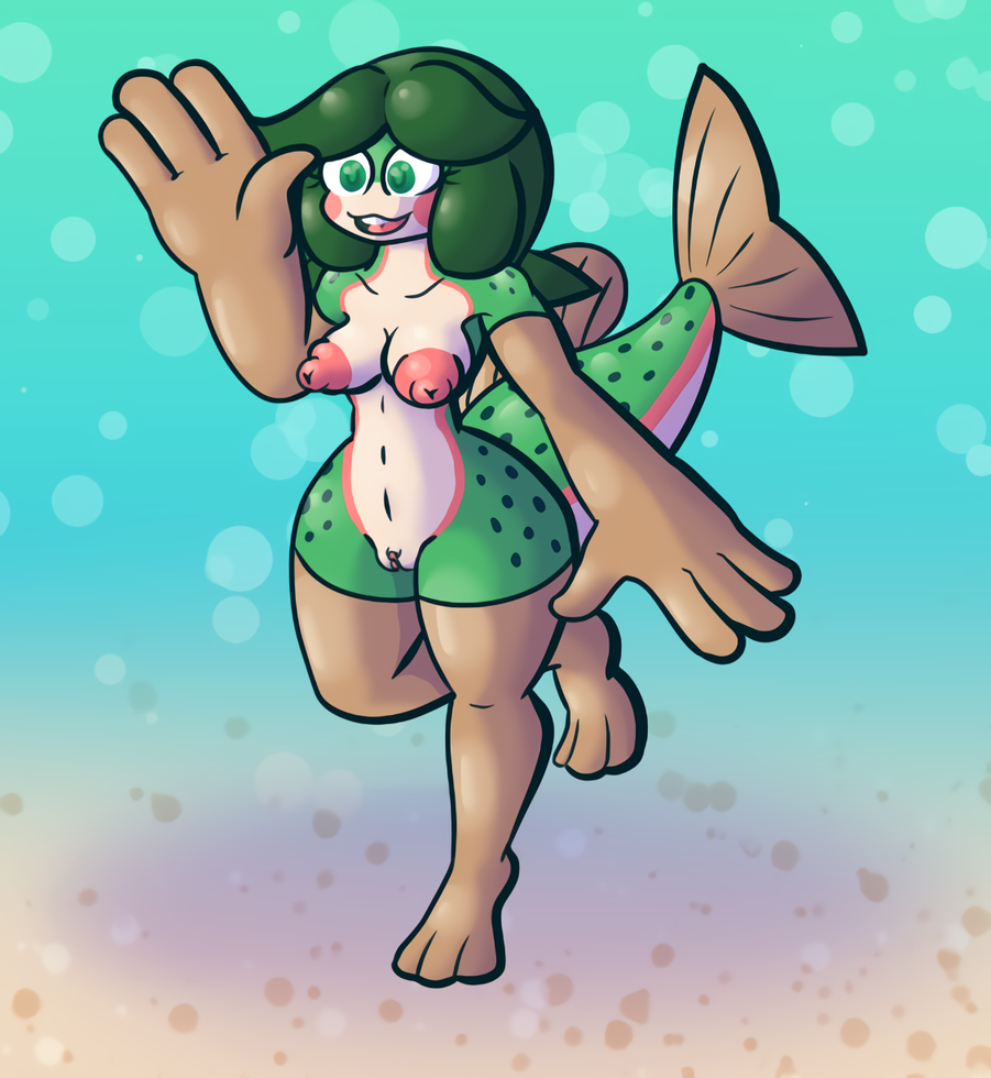 anthro areola big_breasts breasts female fin fish fish_tail genitals green_body green_eyes green_hair green_skin hair marine nipples nude pink_nipples puffy_areola puffy_nipples pussy solo sprucy trout underwater water