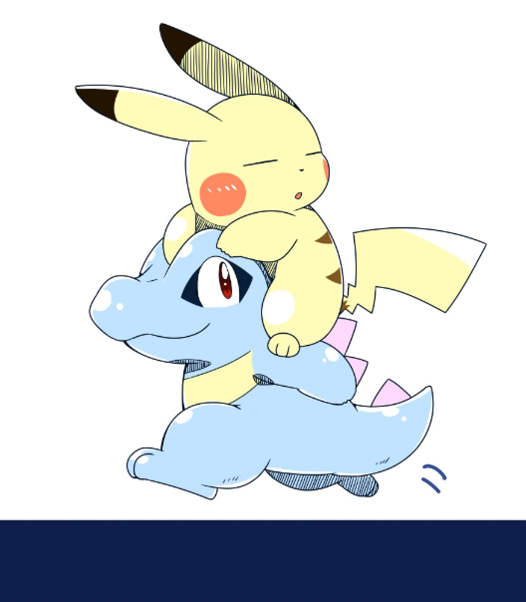 2019 3_toes ambiguous_gender blue_body carrying dipstick_ears duo eyes_closed feet hi_res multicolored_ears nintendo pikachu pok&eacute;mon pok&eacute;mon_(species) running scalie simple_background smile tatu_wani_(artist) toes totodile video_games white_background yellow_body