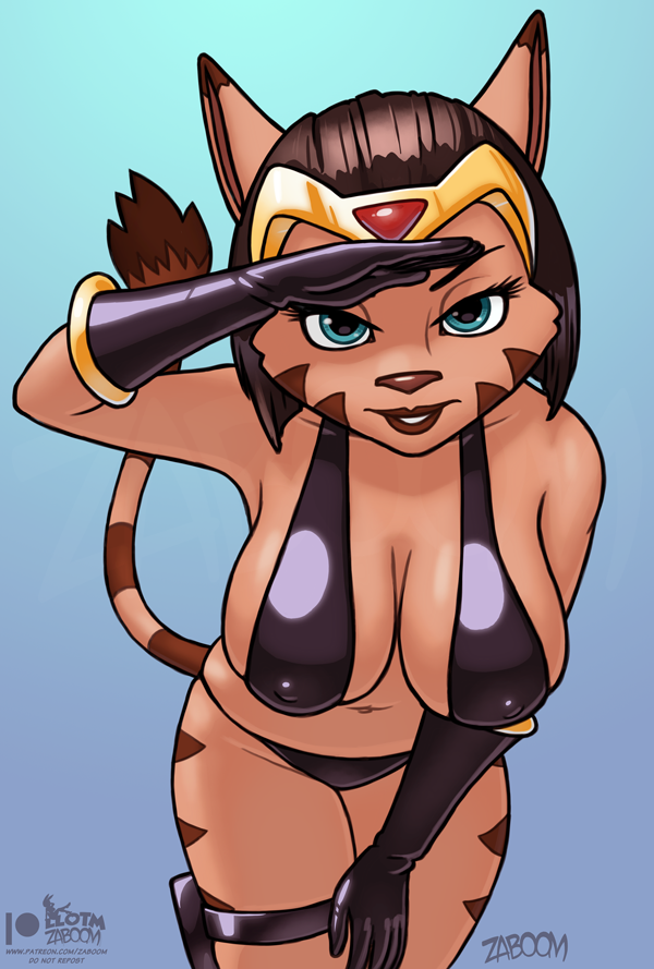 anthro bikini cazar_(ratchet_and_clank) clothing female gesture gloves handwear leaning leaning_forward lips looking_at_viewer mammal nipple_outline ratchet_and_clank salute sasha_phyronix solo sony_corporation sony_interactive_entertainment swimwear tail_tuft thigh_holster tuft video_games zaboom