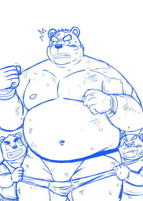 2021 anthro belly blue_and_white blush bodily_fluids clothing group humanoid_hands kemono male mammal monochrome moobs navel nipples overweight overweight_male shiba-kenta sketch sweat underwear undressing ursid