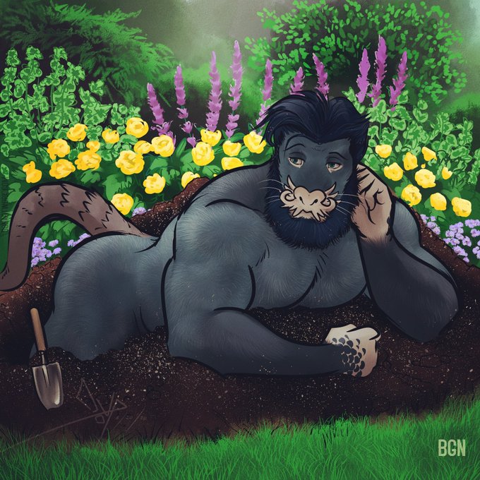 1:1 anthro beard bgn black_body black_hair bush_(disambiguation) butt dirt eulipotyphlan facial_hair flower furgonomics garden grass hair looking_aside lying male mammal mole_(animal) muscular muscular_anthro muscular_male nude on_front outside pecs plant solo star-nosed_mole tools trowel whiskers