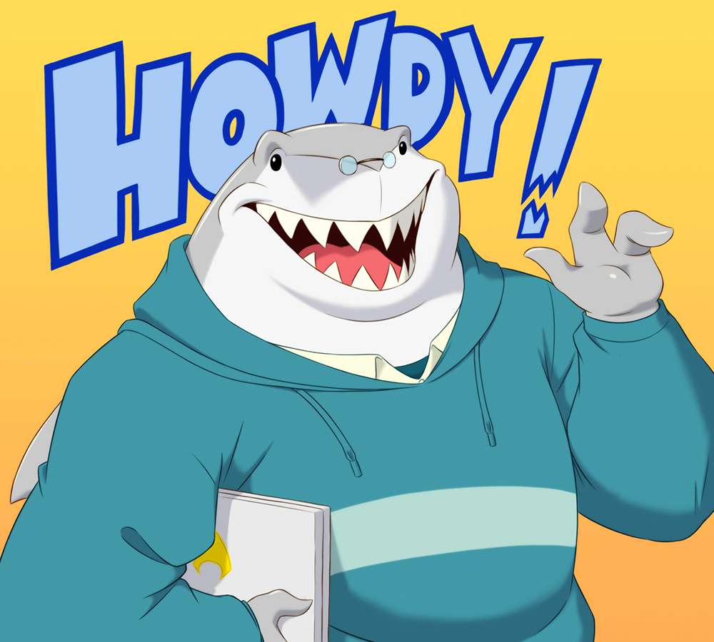 2019 3_fingers anthro clothed clothing collared_shirt countershade_face countershading dc_comics dialogue english_text eyewear fingers fish gesture glasses gradient_background grey_body grey_skin harley_quinn_(series) hoodie king_shark looking_at_viewer male marine obese open_mouth overweight pince-nez pokelai shark sharp_teeth simple_background smile solo teeth text topwear waving